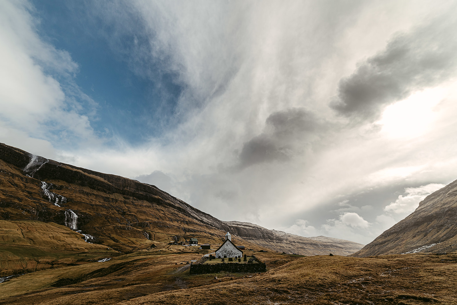 Small white church in remote mountainous landscape