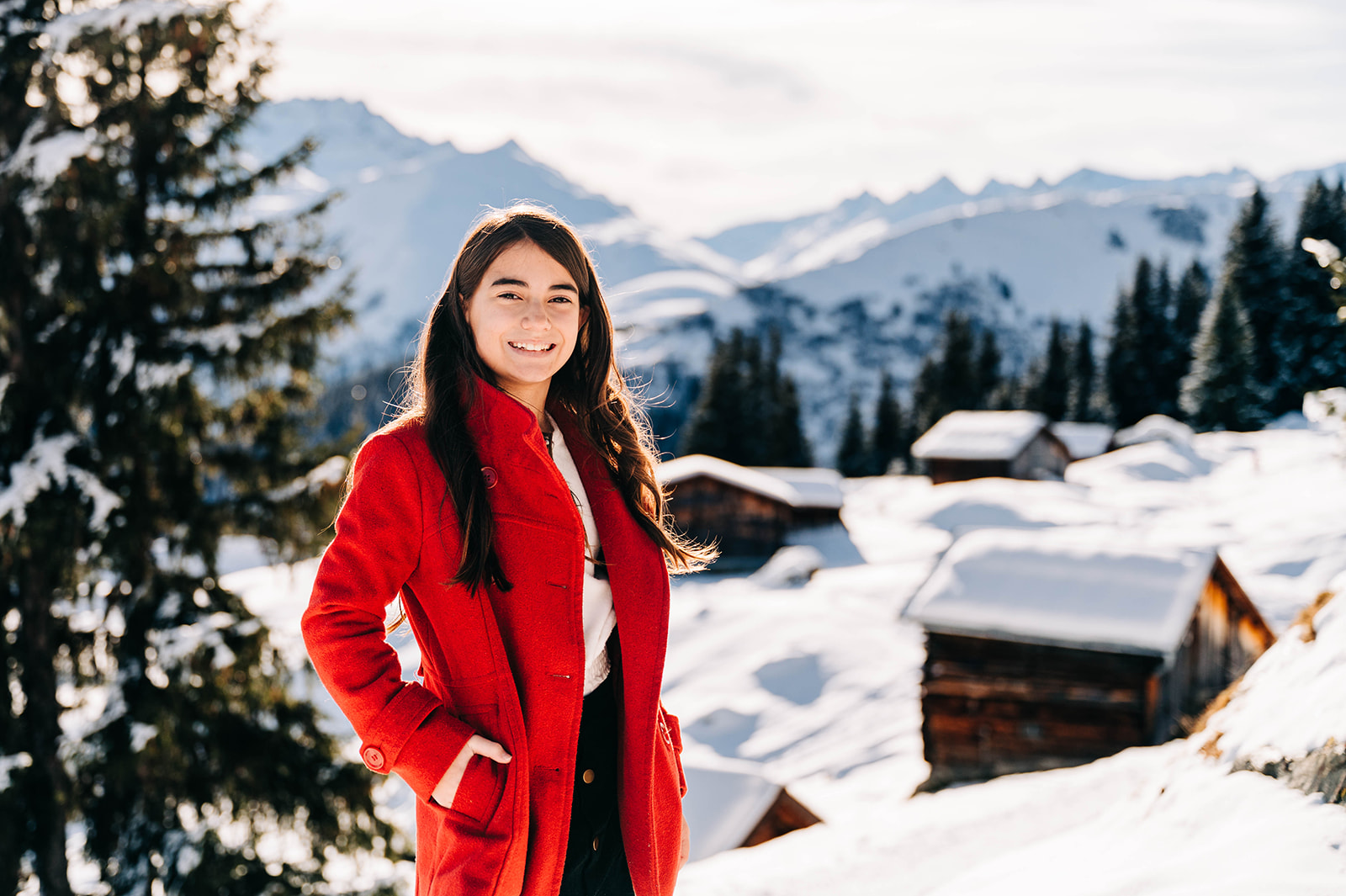 Snowy Swiss Alps Winter Portraits Family Girl in Red Coat