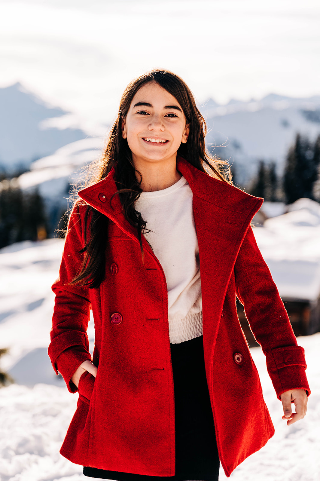 Girl in Red Coat Snow Swiss Alps