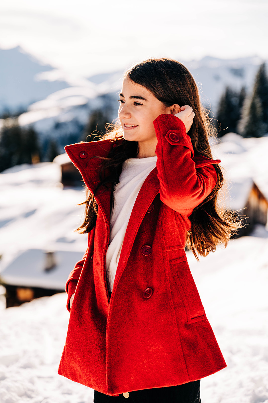 Family Photos Switzerland young girl in Red Coat