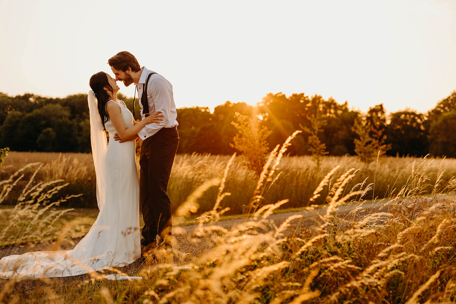 Sunset photographs of bride and groom with tall grass in foreground