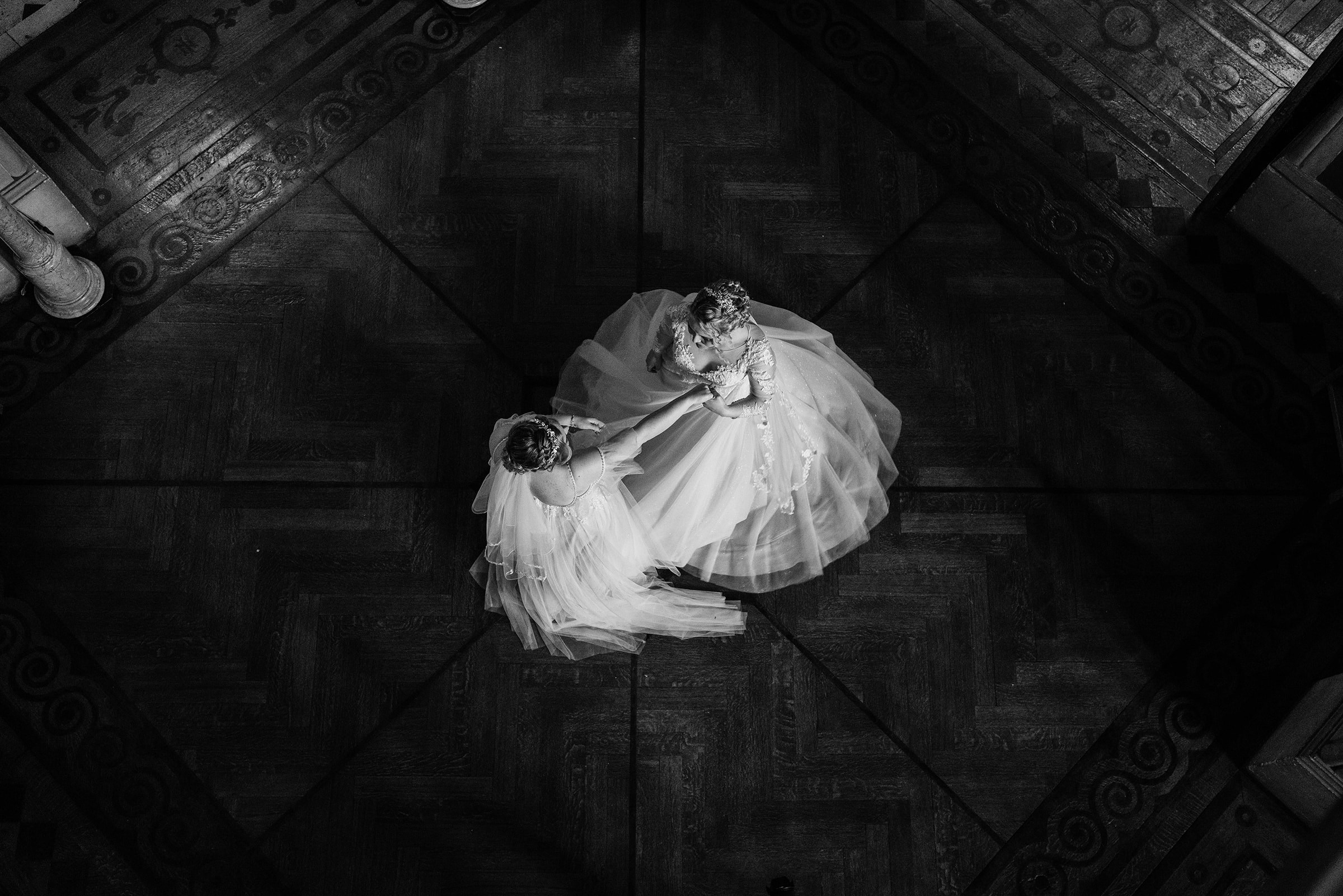 Two brides dancing from above Zara Davis Wedding Photography Cotswolds Grittleton House Gloucestershire Wiltshire