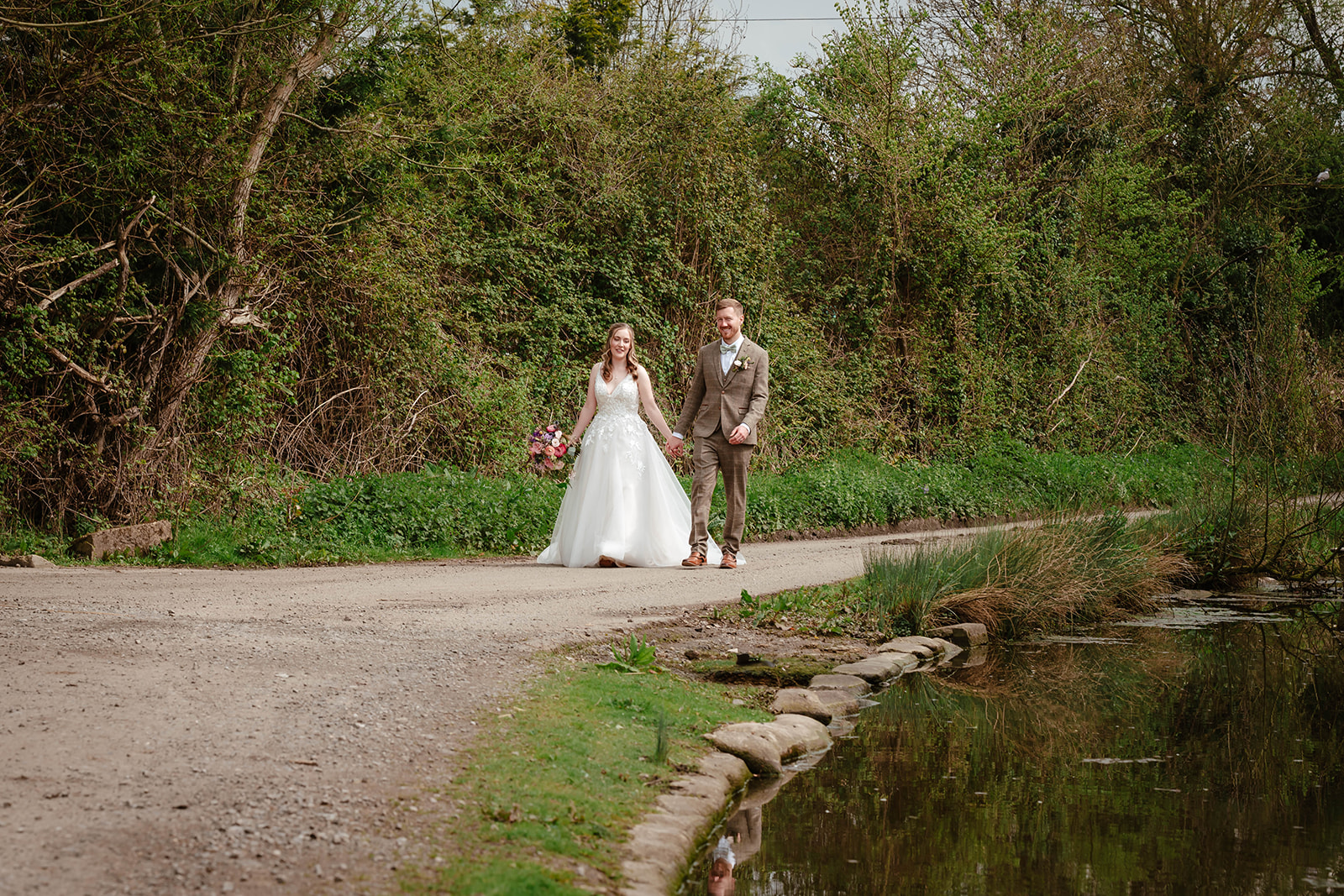 Zara Davis Wedding Photography Milton End Barn Arlingham Gloucestershire Cheltenham Cotswolds bride groom by pond