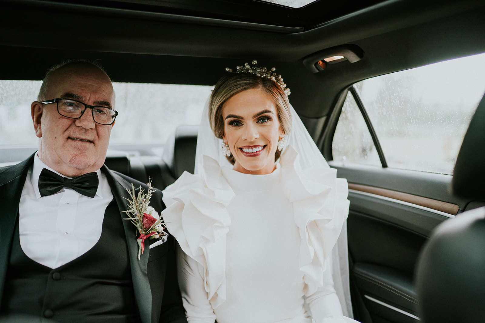 bride and father in car wedding morning, bride at church, bridal reveal wedding morning, una rodden, emma beaumont ateli