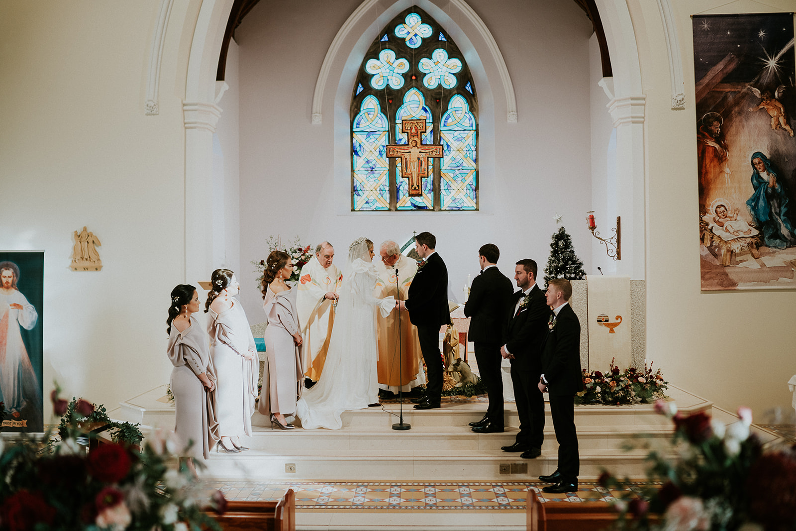 church wedding donegal, irish wedding pics in church, bridesmaids wedding aisle, wedding party shot church,
