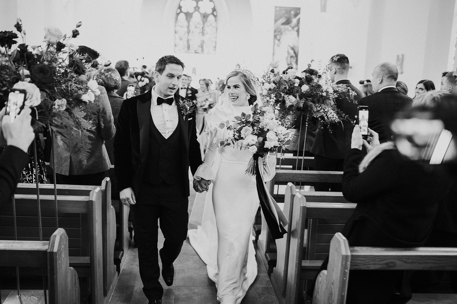 just married church northern ireland, off camera flash, bridesmaids wedding aisle, una rodden, emma beaumont atelier
