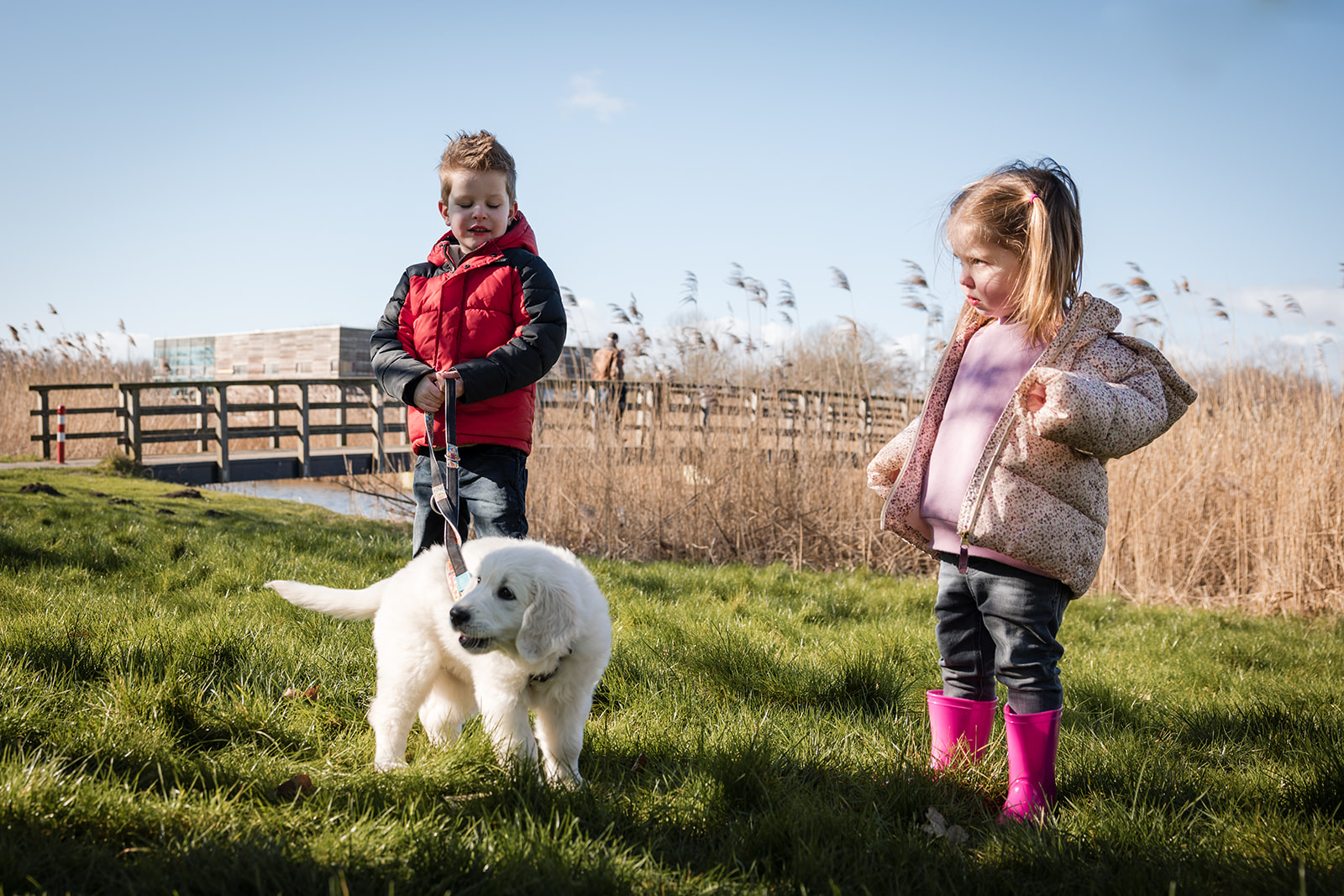 Een golden retriever pup met twee kinderen op de foto