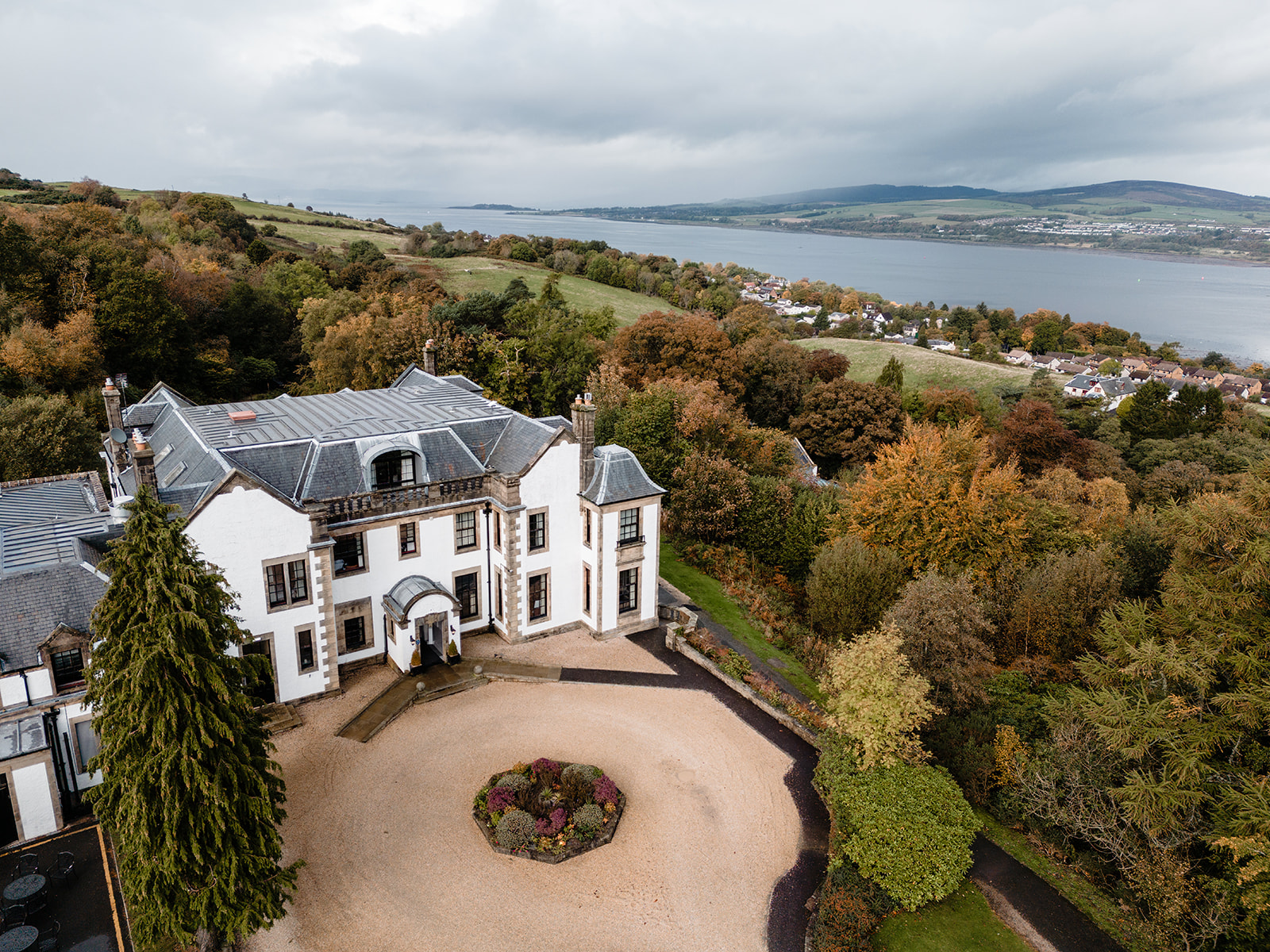A drone shot of Gleddoch Golf & Spa Resort over the River Clyde