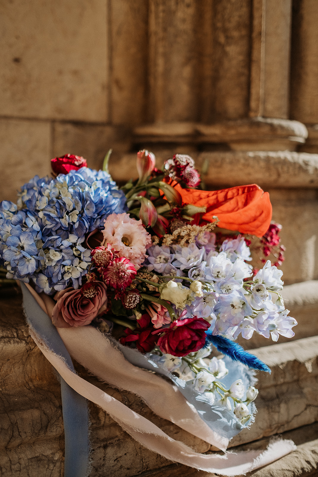 Anthurium and blue Hydrangea wedding bouquet for a York elopement 