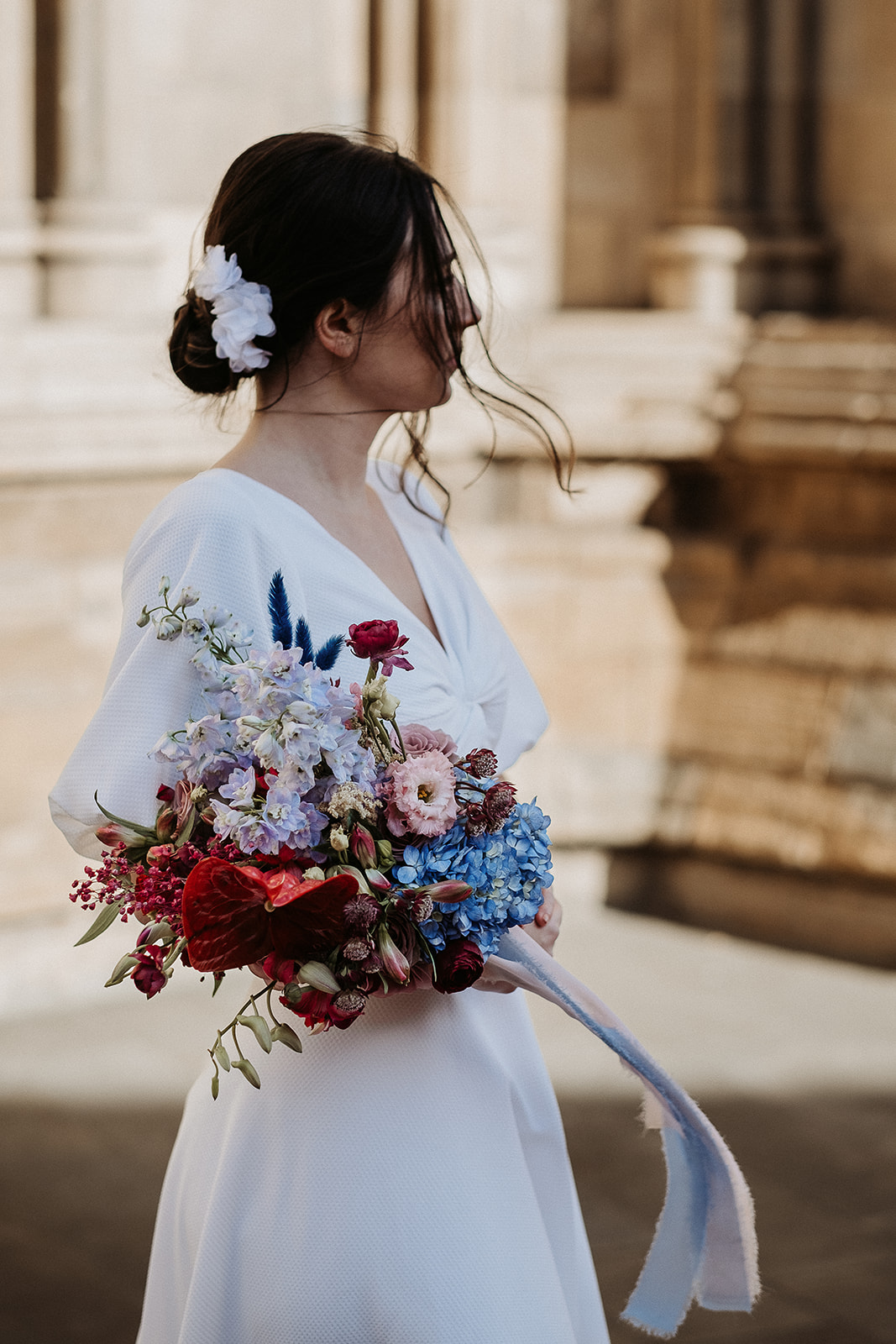 Anthurium and blue Hydrangea wedding bouquet for a York elopement 