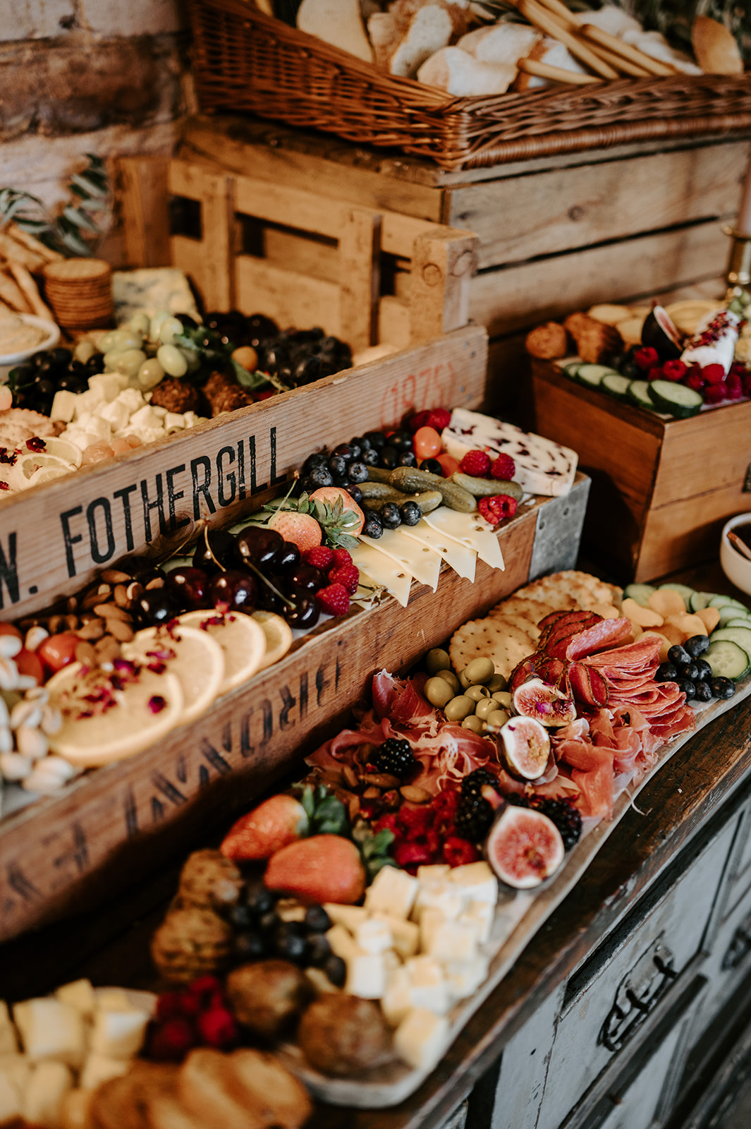 luxury wedding grazing board with cheeses and fruits for intimate wedding at Iscoyd park