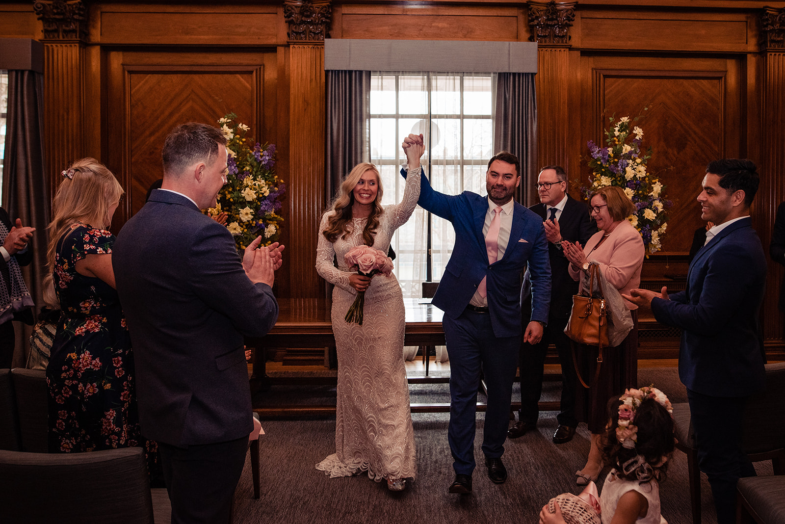 Bride and groom happy on wedding at Marylebone Town Hall