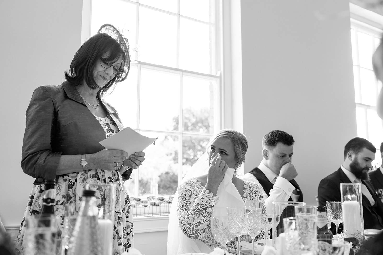 The bride getting emotional during her mothers wedding speech
