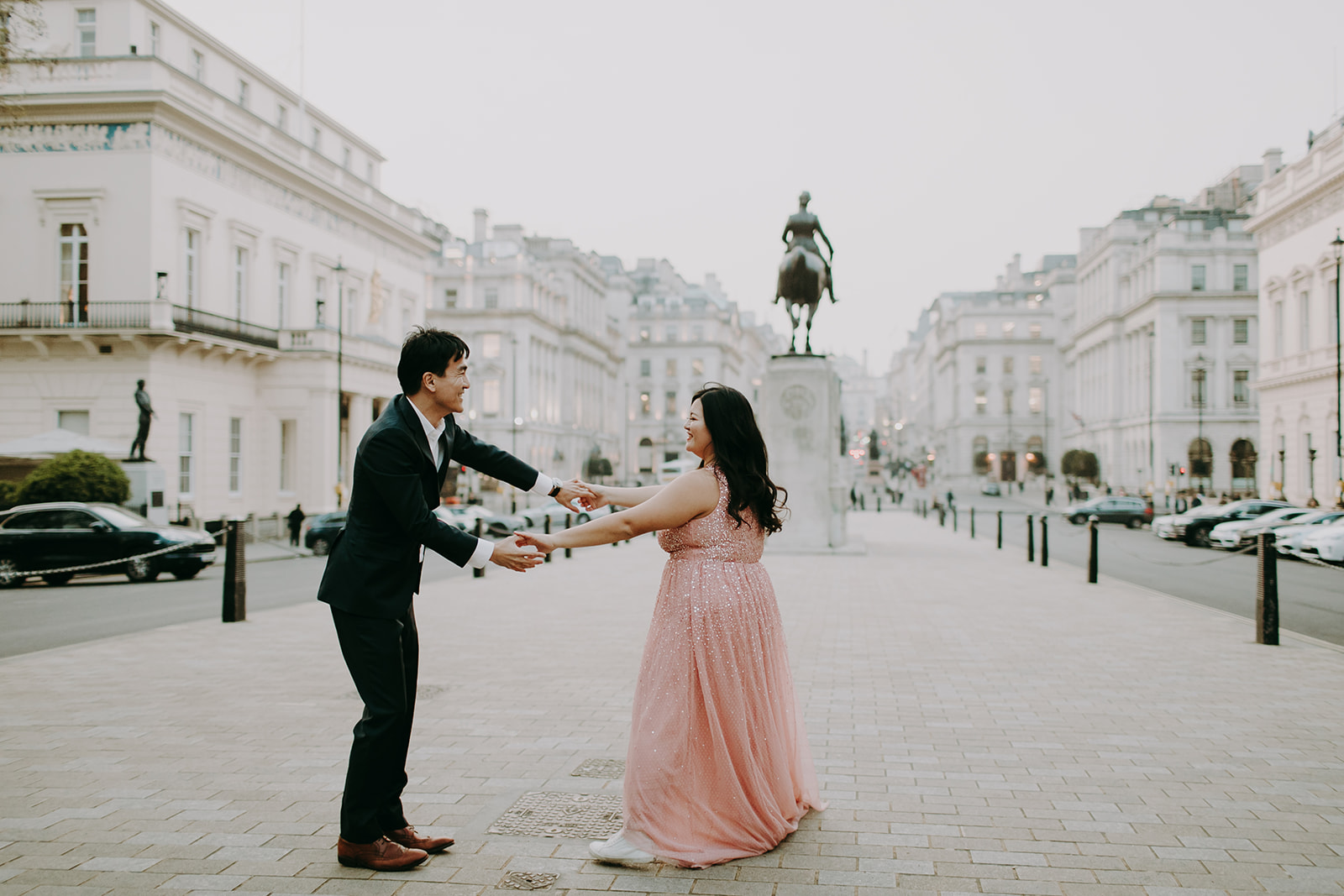  london engagement shoot with bride in pink dress