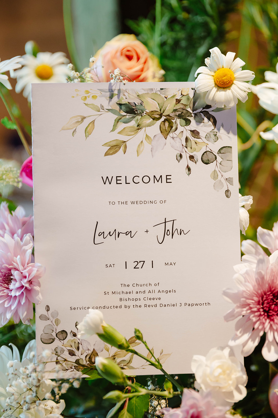 Dumbleton Hall Zara Davis Wedding Photography Worcestershire Gloucestershire Cotswolds wedding program in flowers