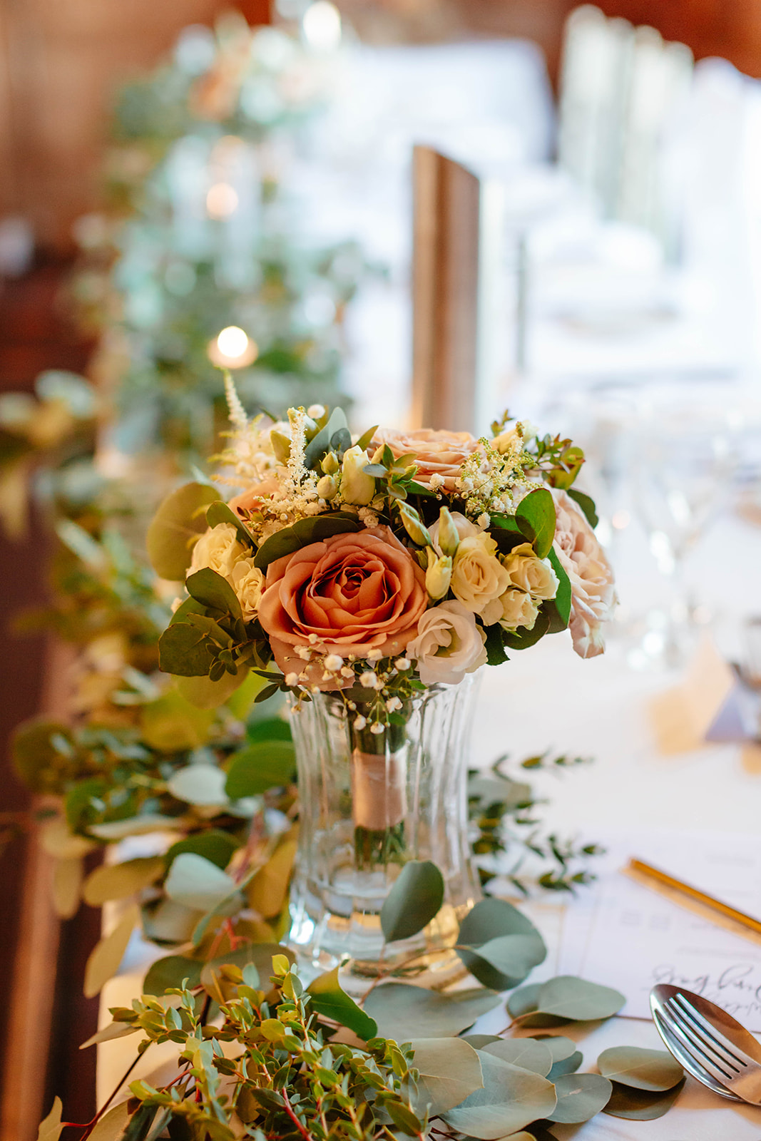 Dumbleton Hall Zara Davis Wedding Photography Worcestershire Gloucestershire Cotswolds roses on top table