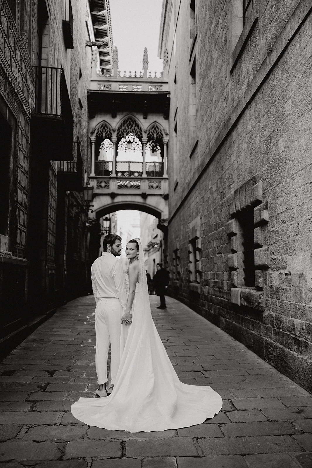 Black and White Portrait of bride and groom by Bishops Bridge
