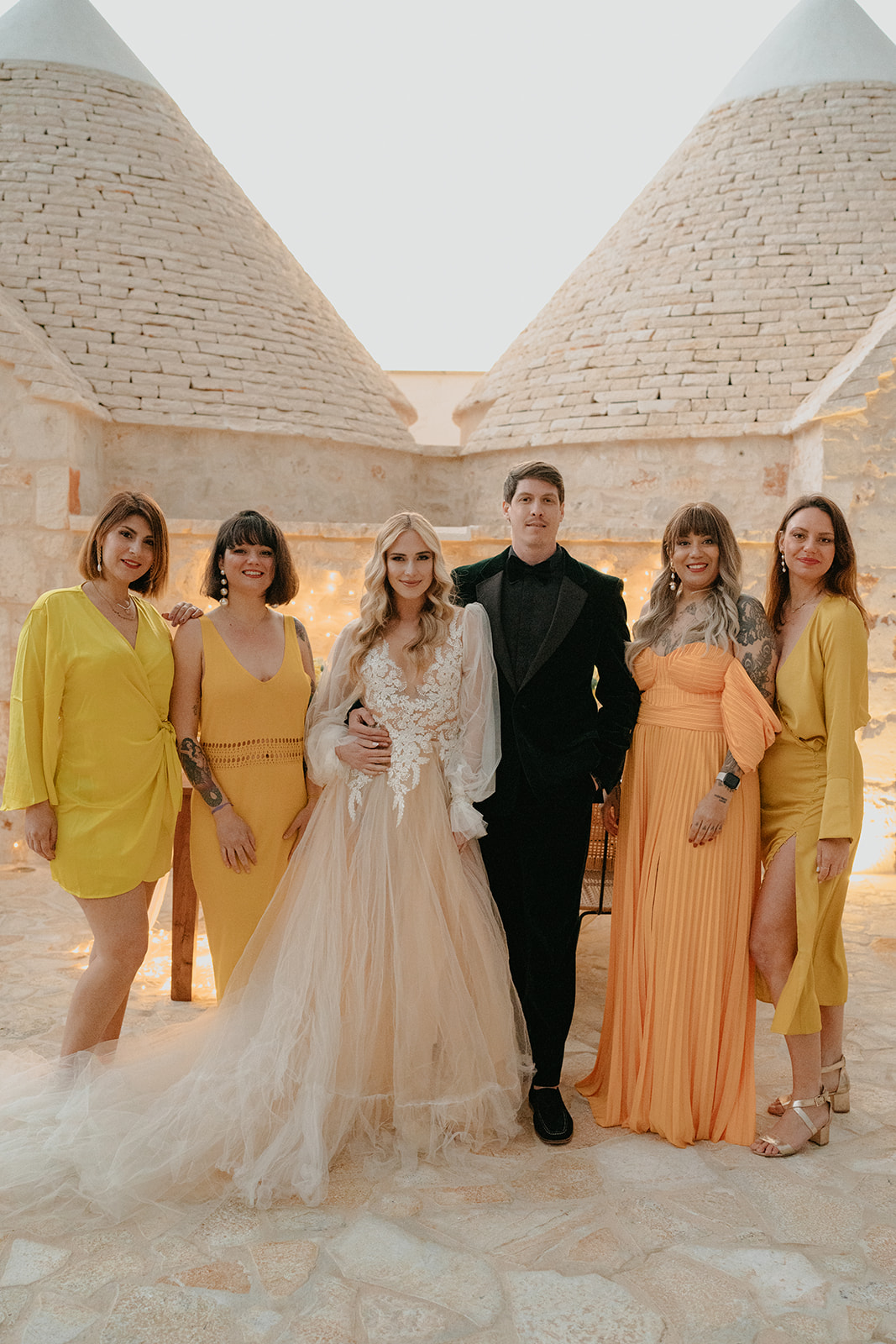 Elopement Puglia Ostuni Italy, yellow bridesmaids dresses