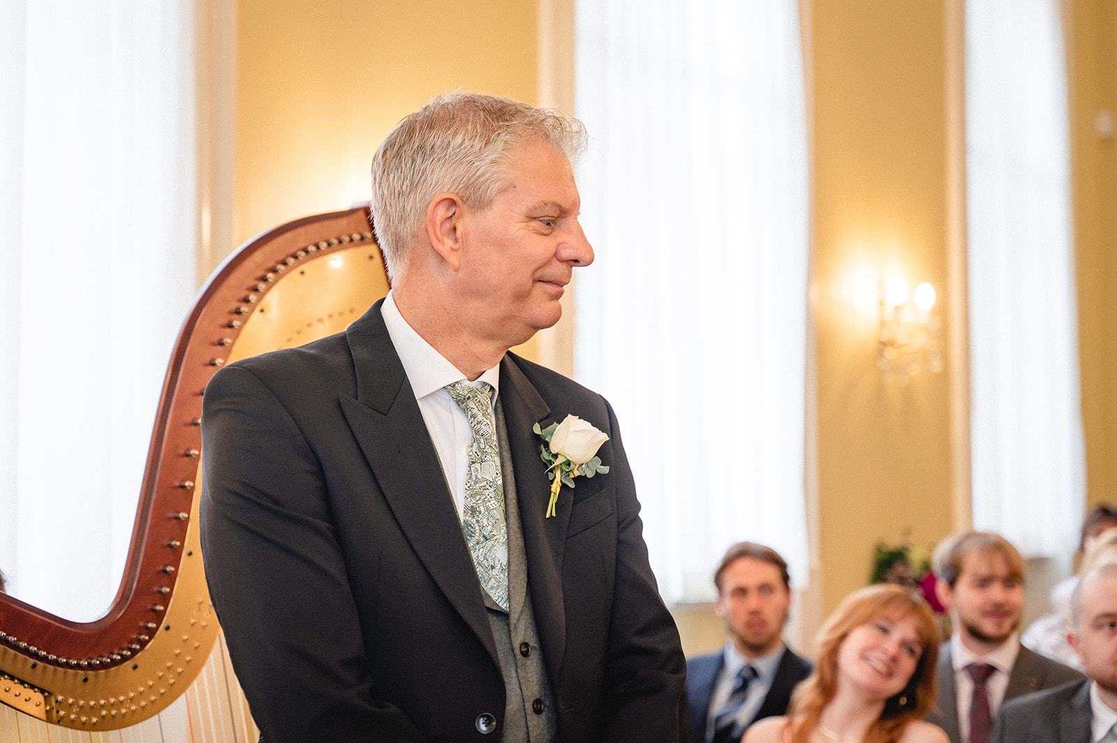 David waiting for the wedding ceremony in the Brydon Room at Chelsea Town Hall