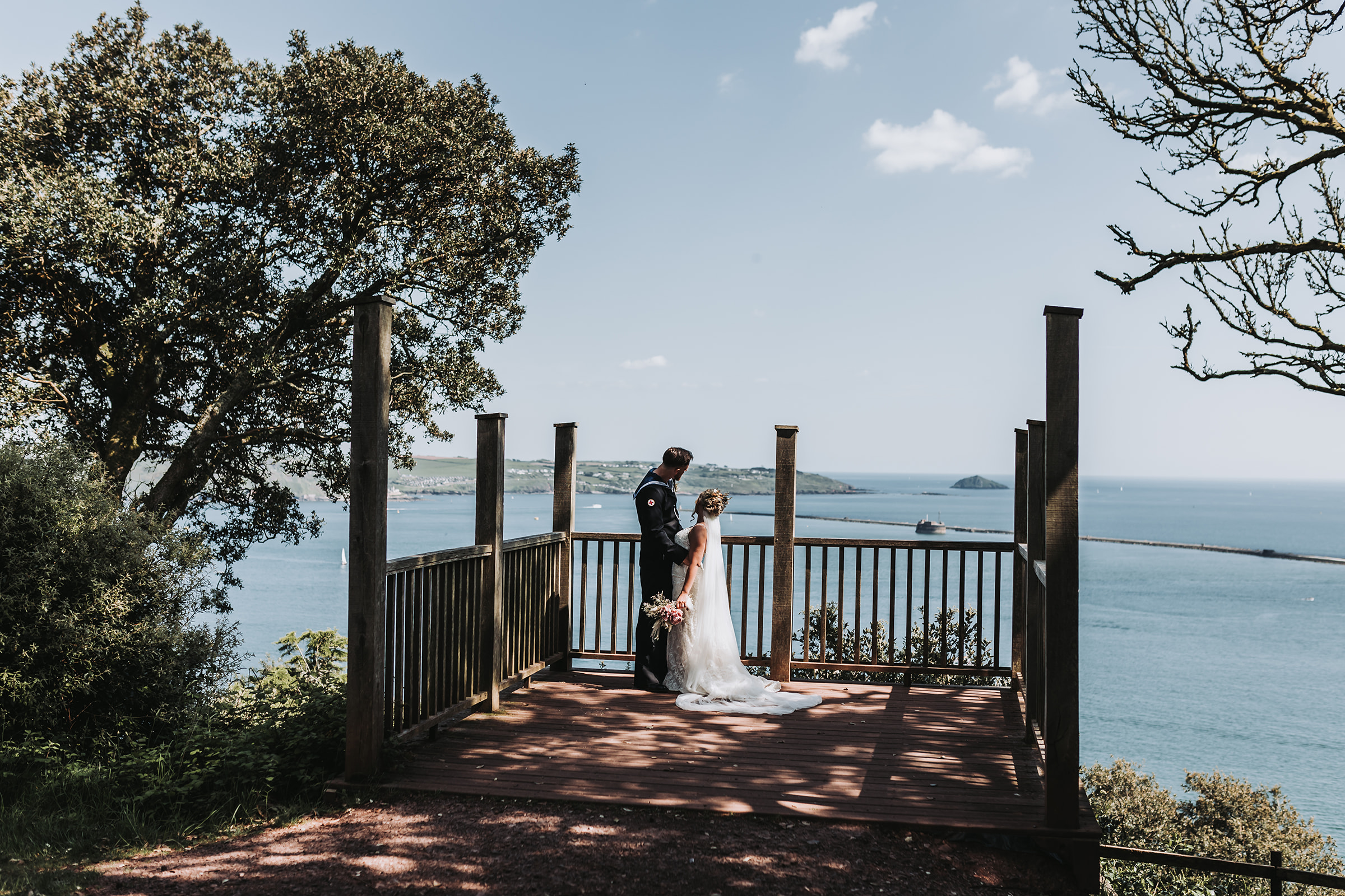 bride and groom on mount edgcumbe estate