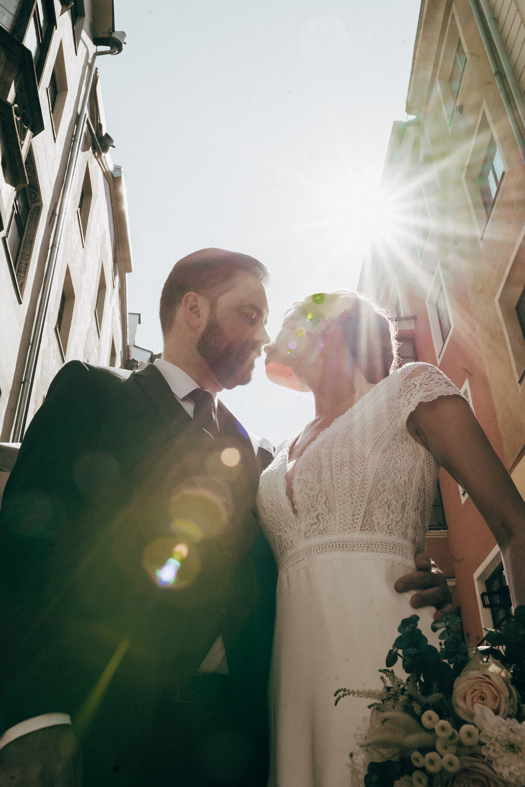 A bride and groom in the old town in city of Innsbruck in the Tyrol