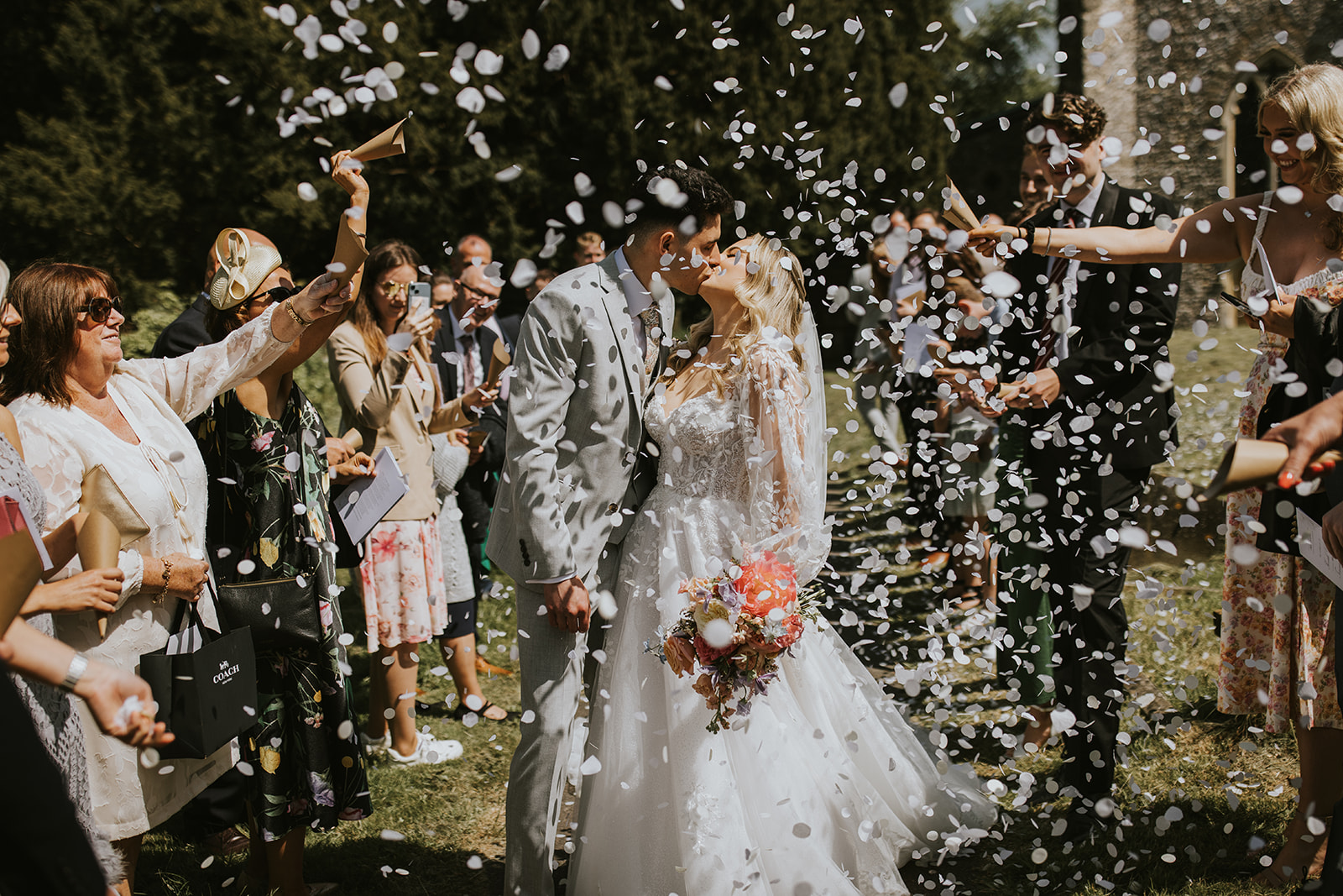 Major wedding confetti action at the Court Lodge, Kent