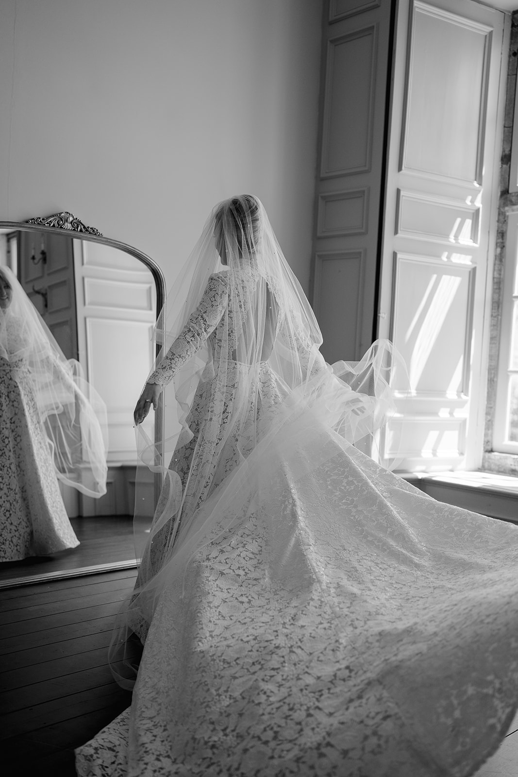 black and white photo of the bride in her dress