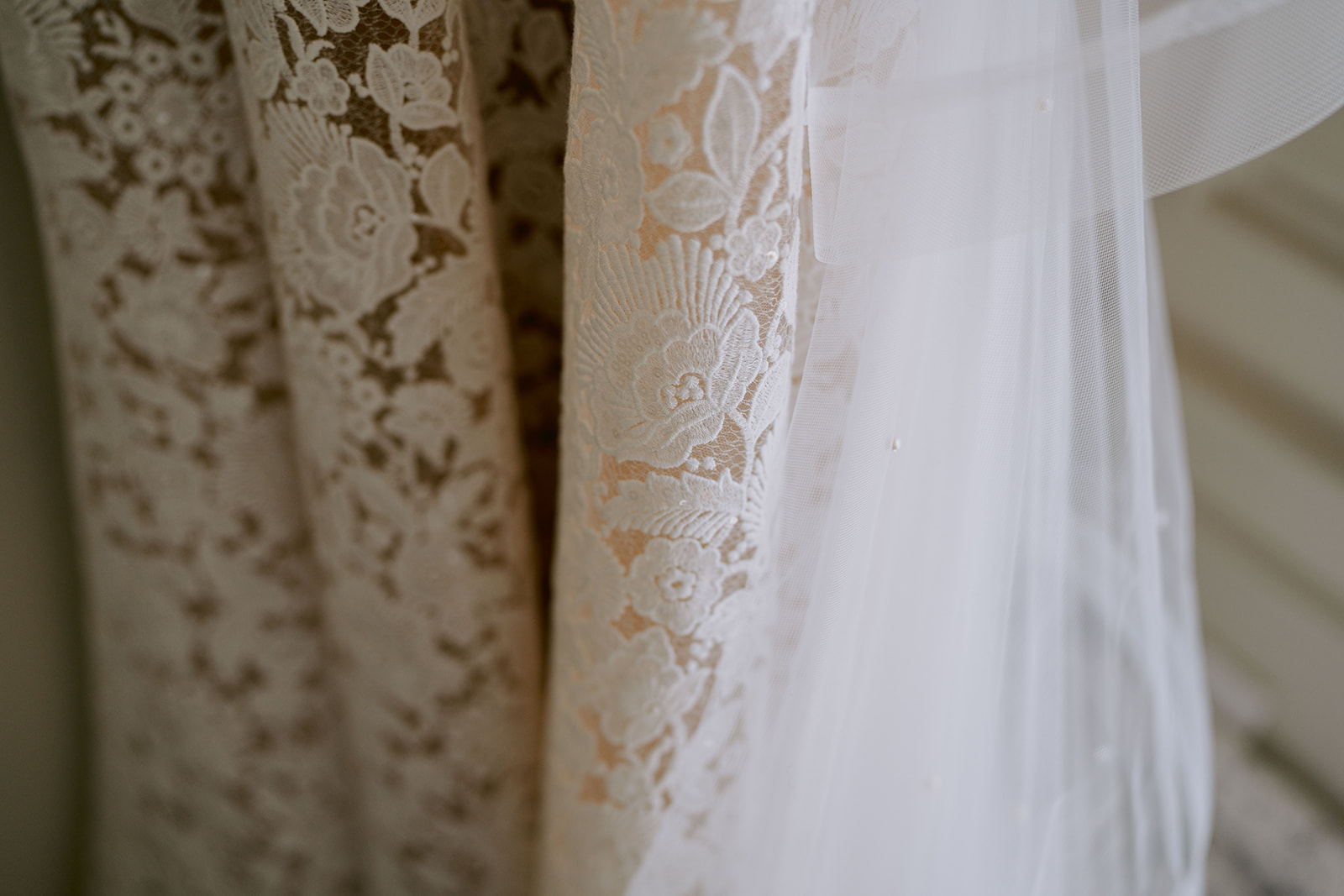 close up of lace wedding dress