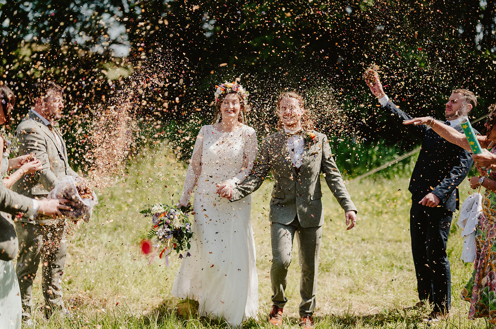 dried flower petals in canons exploding on the kent wedding day