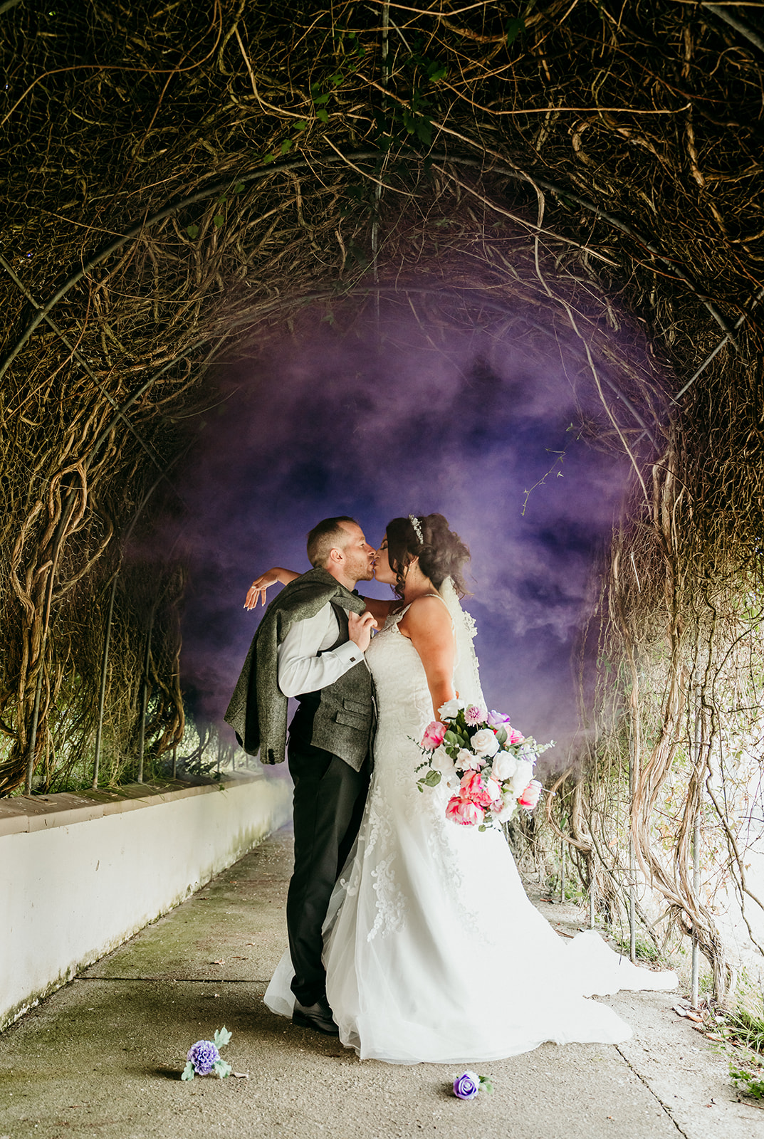 purple smoke bomb wedding at Shandon hotel Donegal 