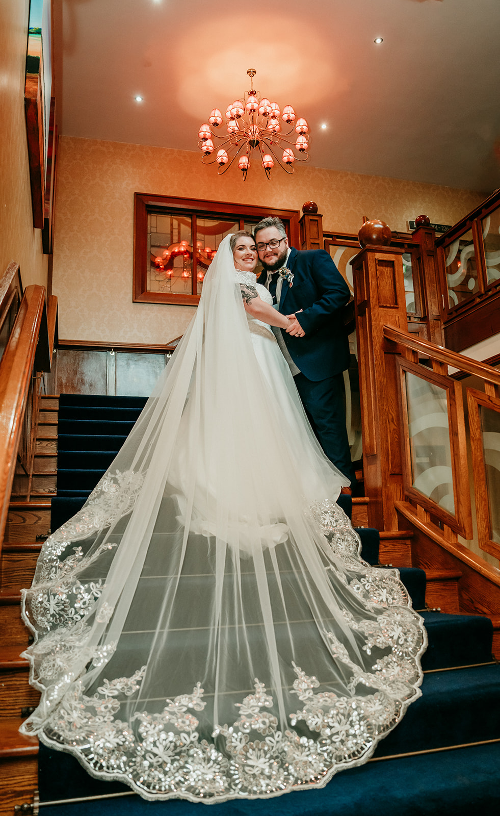 wedding dress, wed2b an grianan hotel wedding staircase shot by James Aiken photography