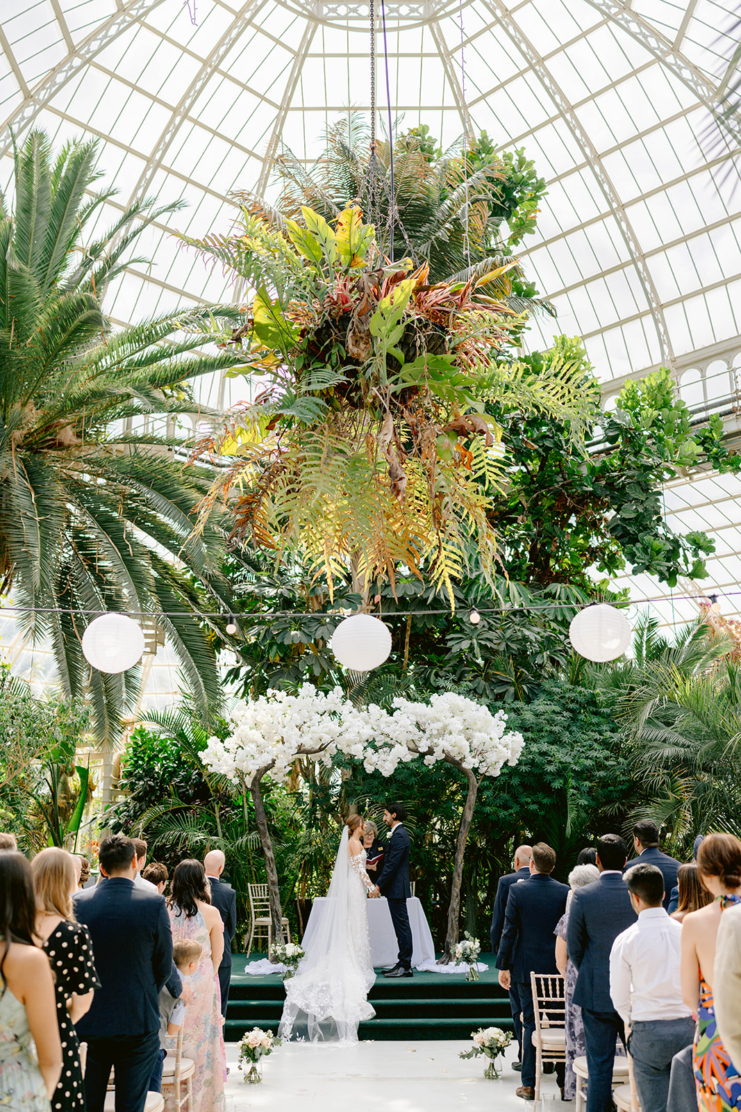 wide photo of bride and groom exchanging vows at sefton park palm house