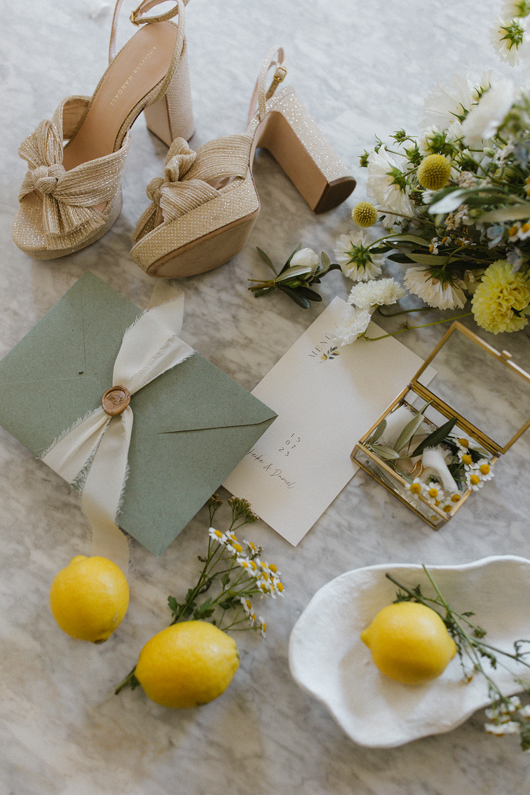 Wedding-Stationery-on-Marble-Citrus-Olive-Loeffler-Randall-Wedding-Shoes