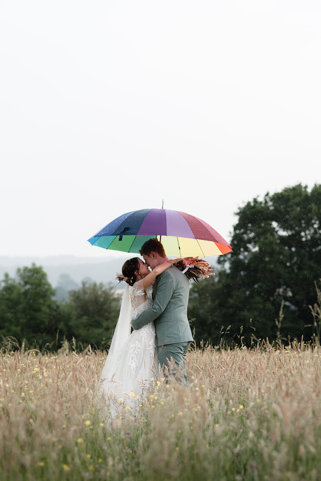 a couple who nestled under an umbrella in the rain 