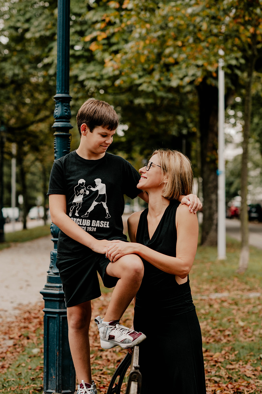 Modern Family Photo in stunning Basel Switzerland Mother and Son wearing black