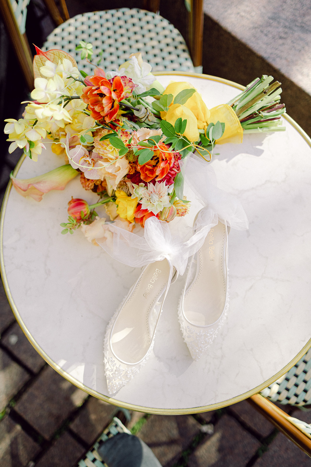 bridal shoes Loeffler Randall Bella Belle with lace white yellow golden bouquet