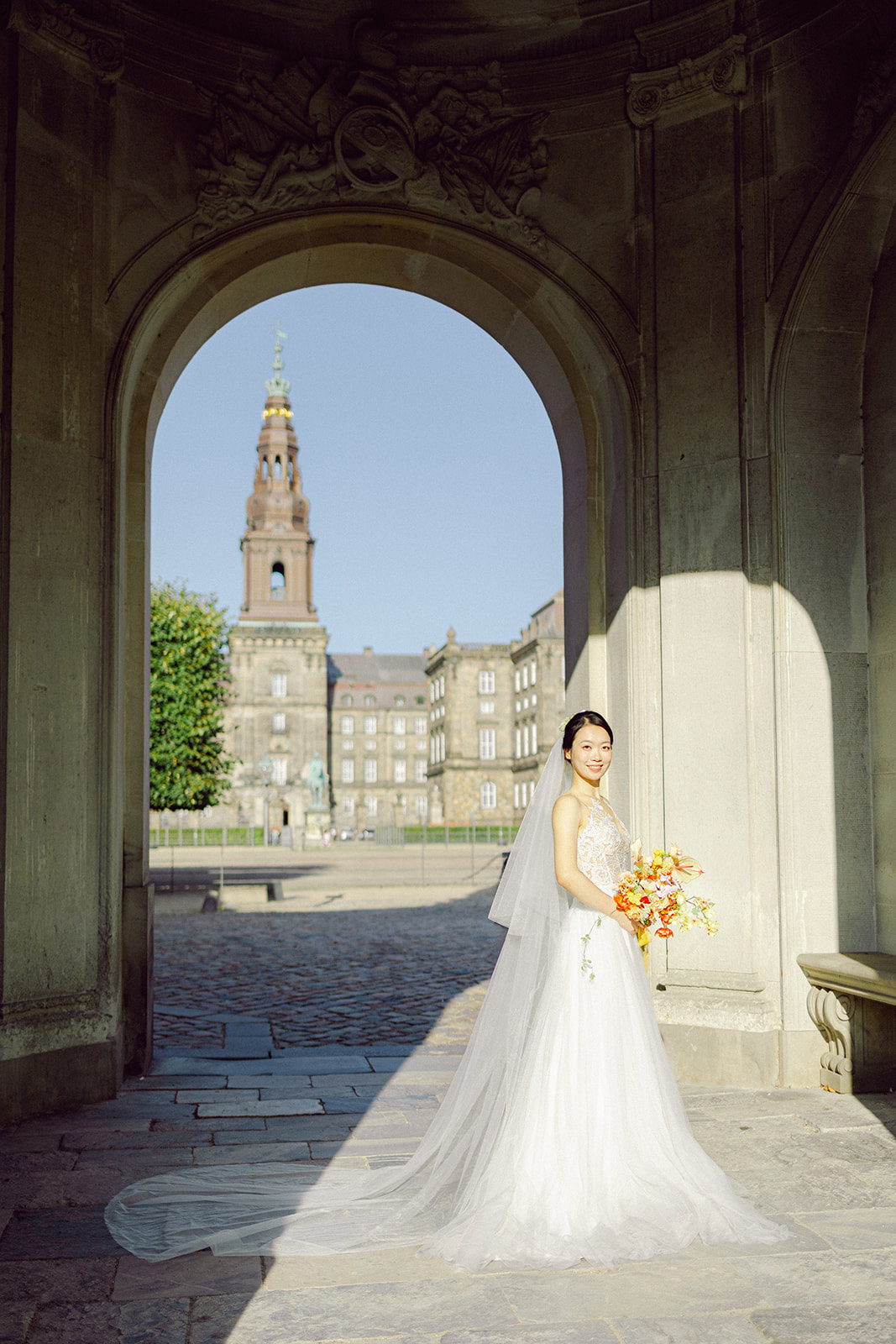 Copenhagen city hall wedding bride portrait fine art with fine art bouquet