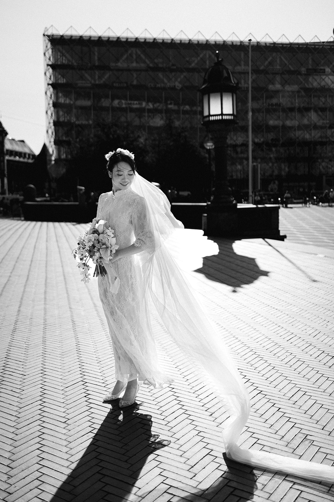 copenhagen city hall wedding ceremony bride portrait black and white