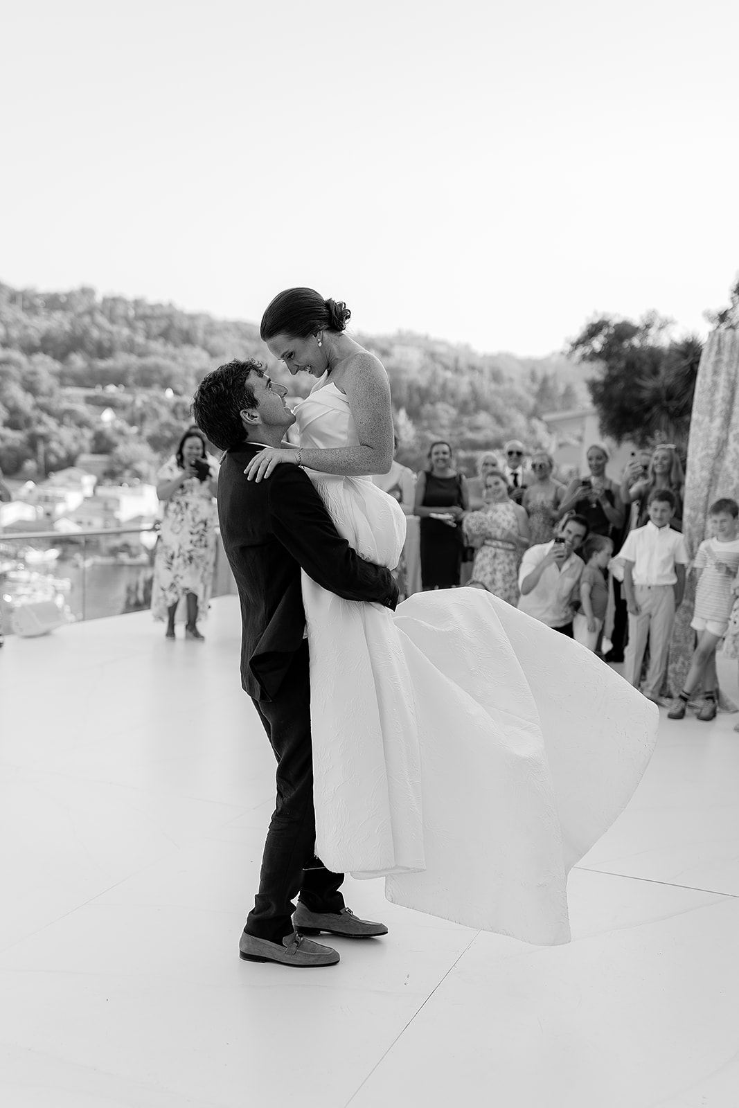 First dance in Paxos, Greece overlooking Loggos port.