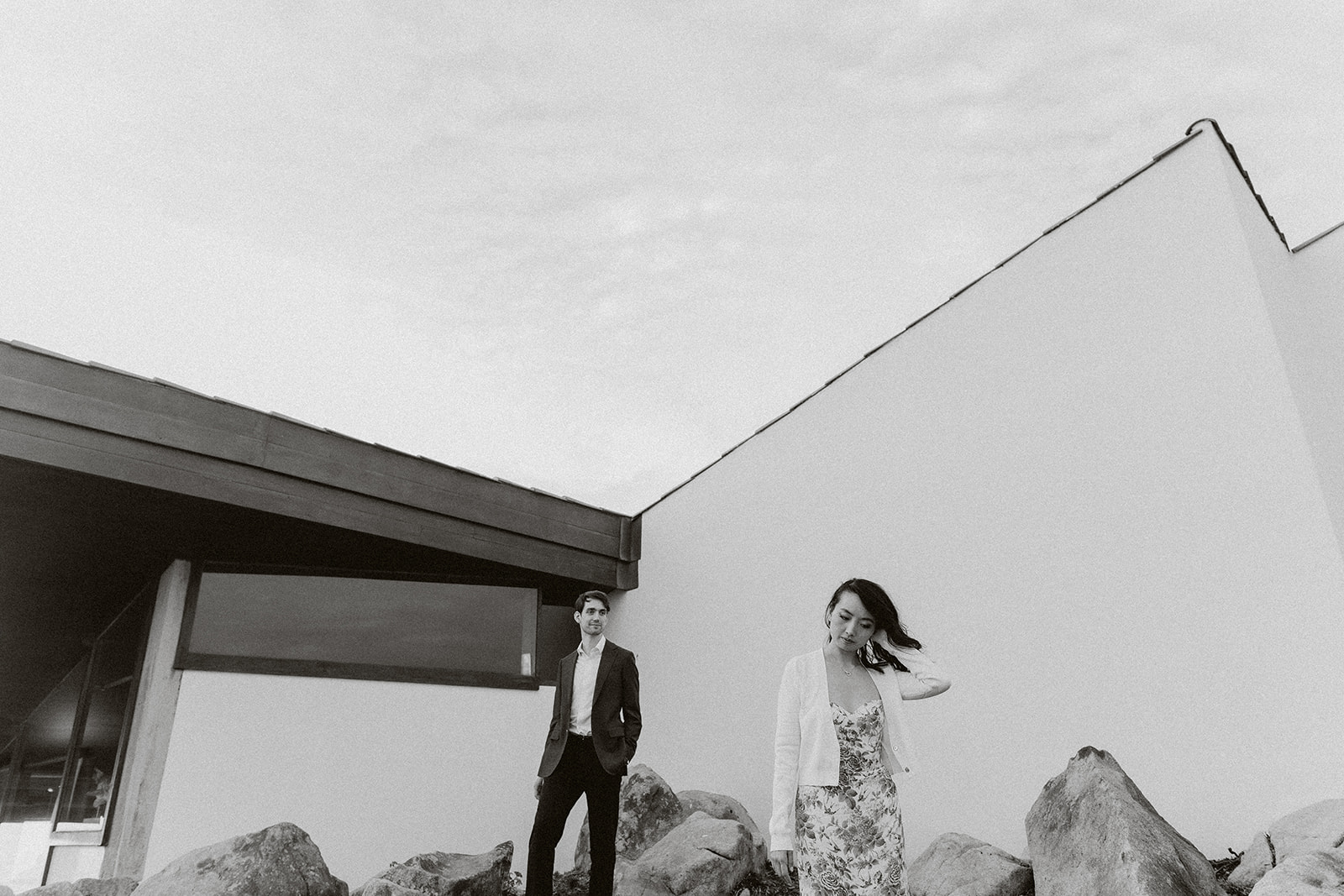 An ocean inspired editorial architectural engagement session in Siza Vieira's Tidal Pools and Boa Nova Tea House.