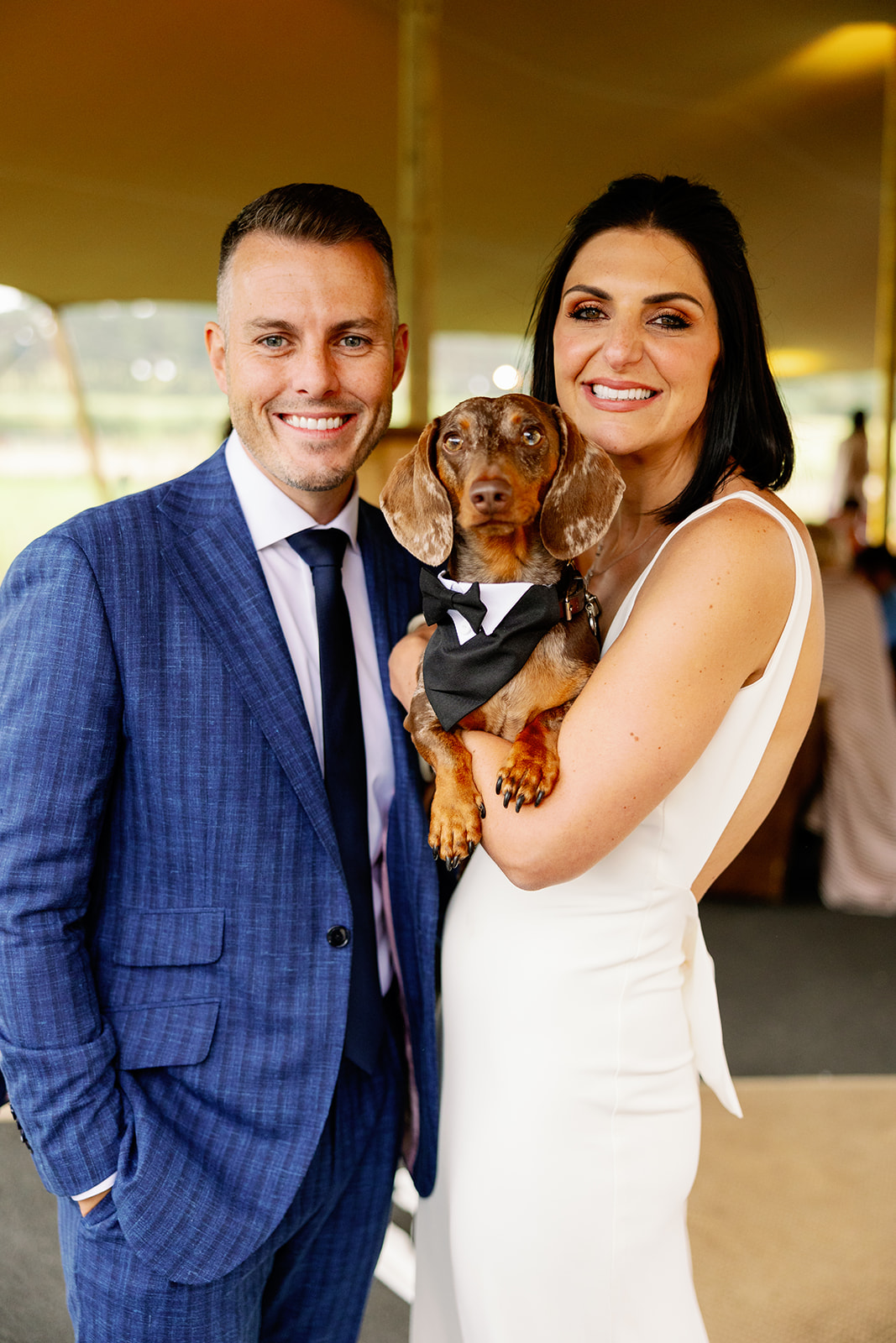 a portrait photo of a wedding couple and their dachshund 