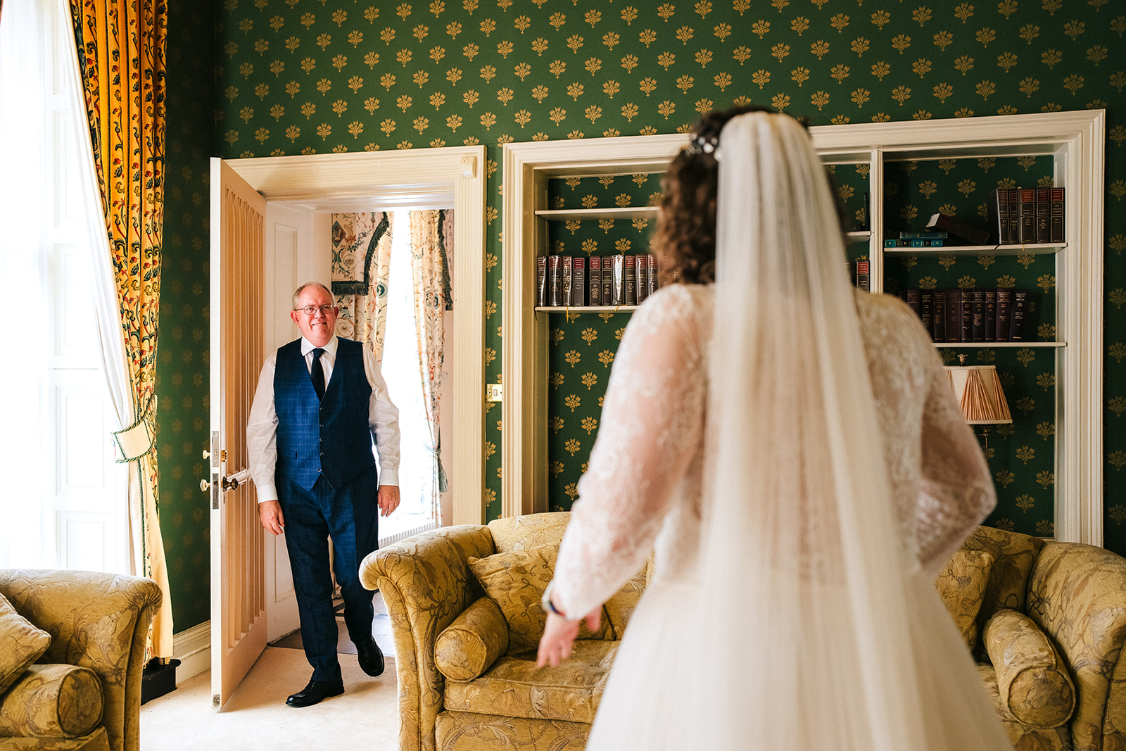 Wollaton Hall Wedding Photography -father the bride, seeing his daughter in her wedding dress 
