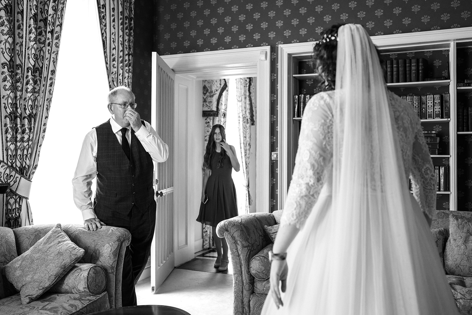 Wollaton Hall Wedding Photography - father of the bride, getting emotional, seeing his daughter in her wedding dress