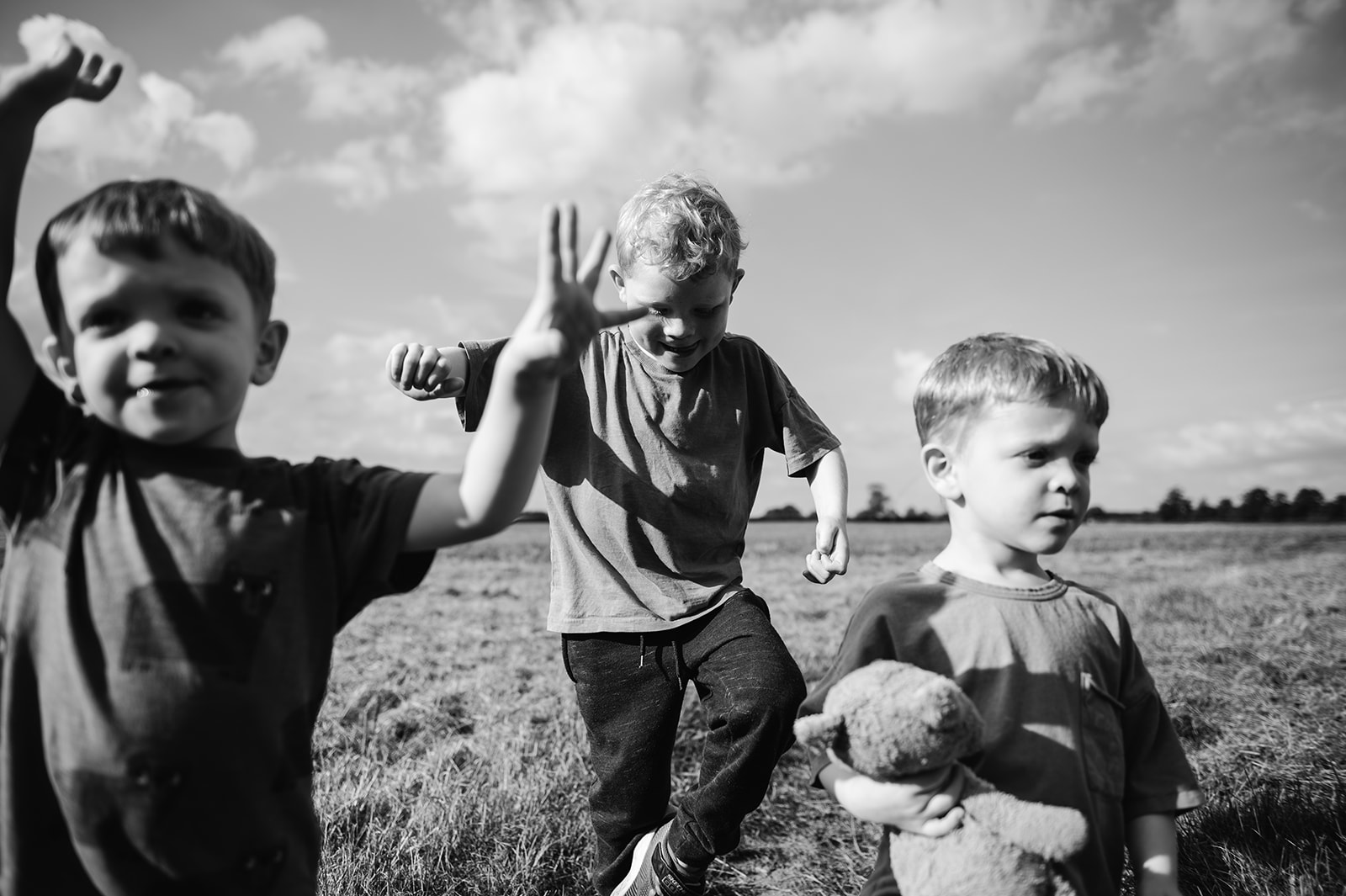 Three brothers playing in the field (relaxed family photos going for a walk)