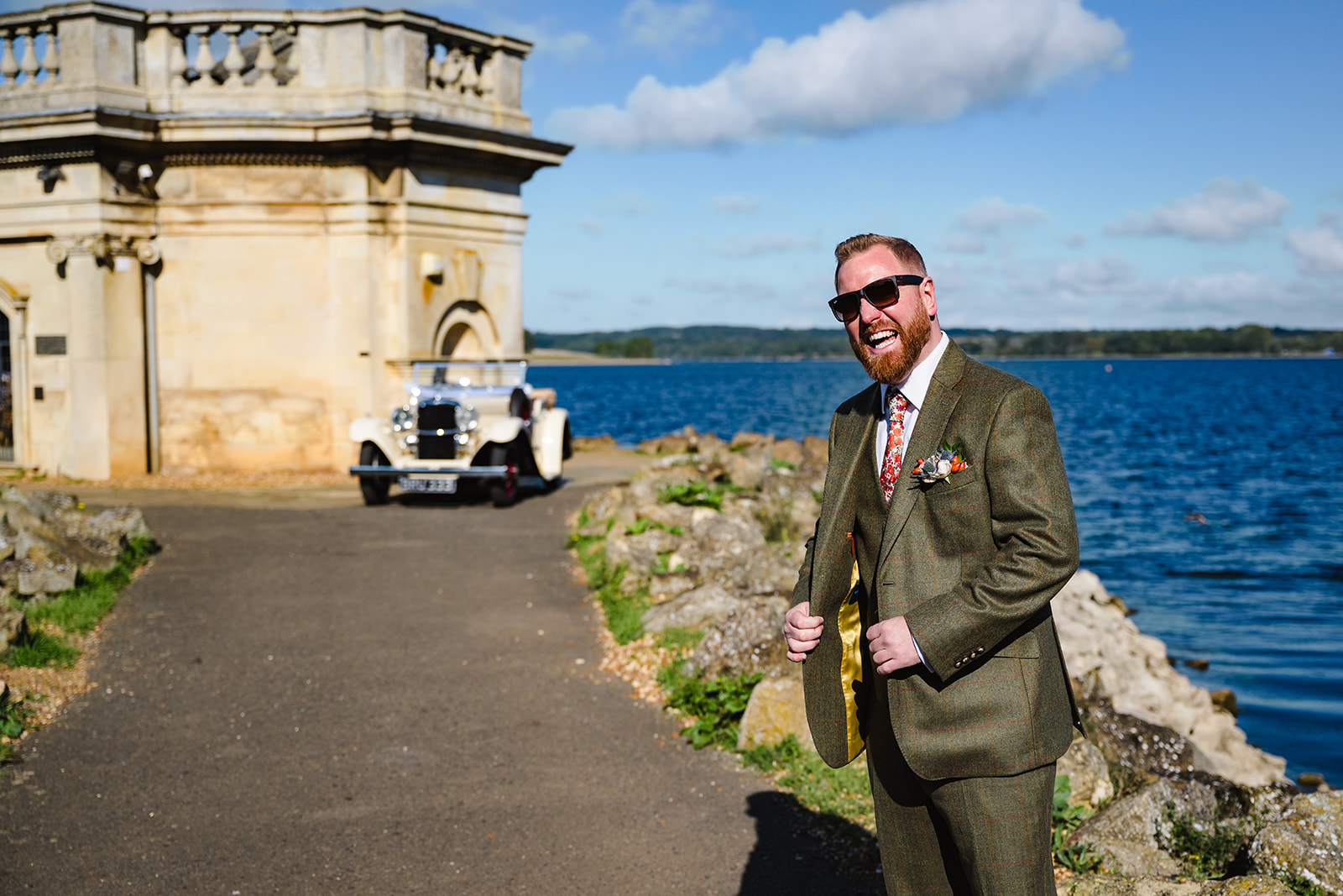 Groom waiting outside Normanton church for his bride to arrive