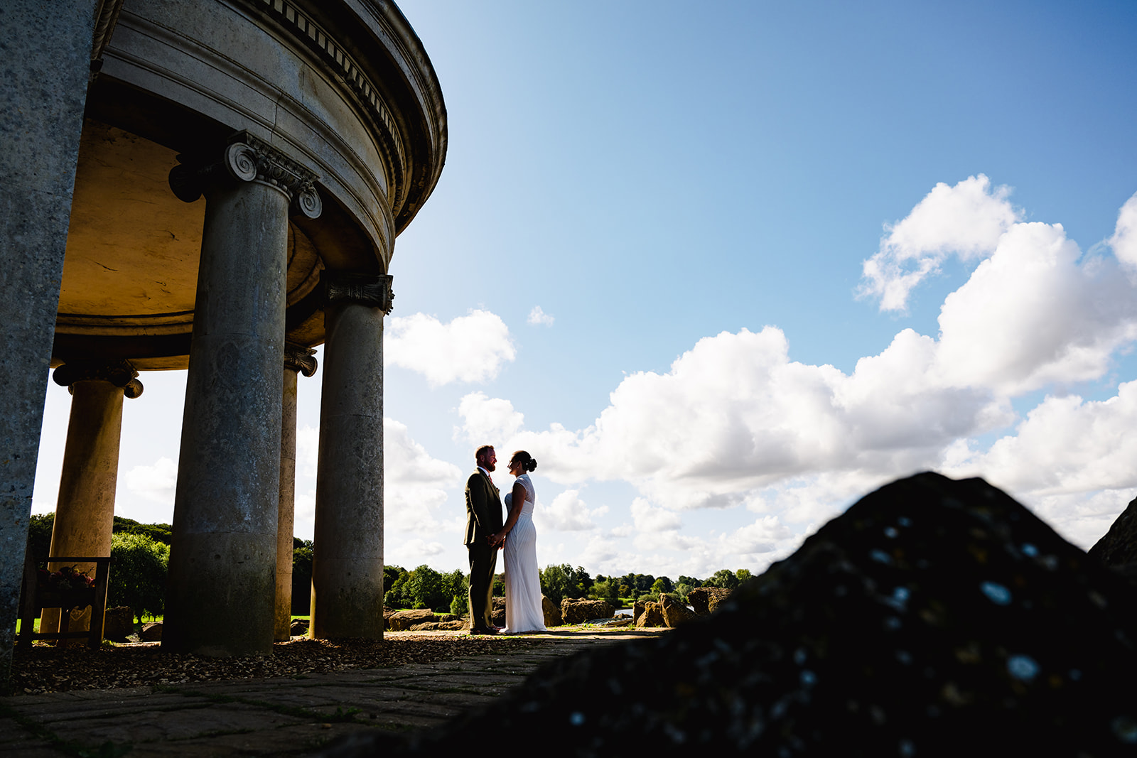 silhouette of bride and groom at Rutland Water normanton church