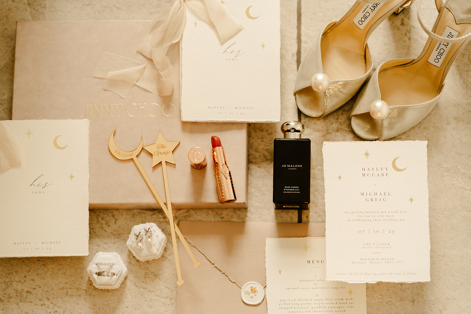 a flat lay of bridal accessories