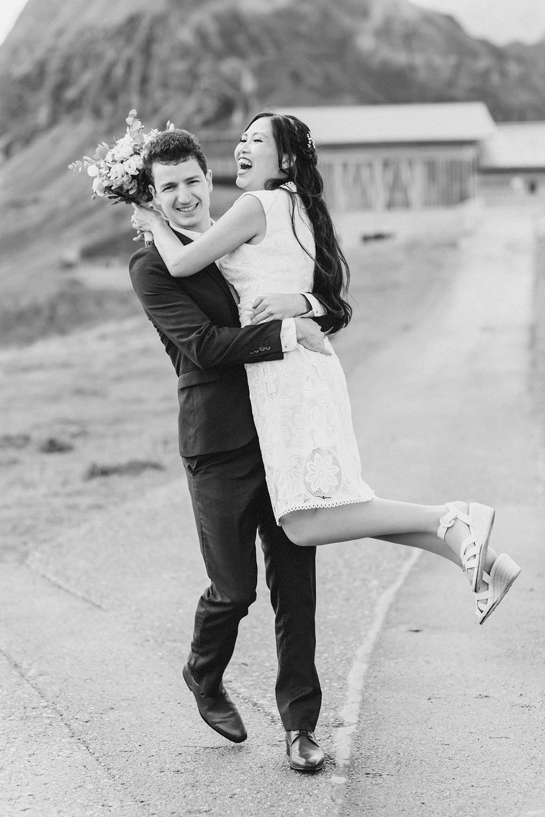 fun black and white engagement photo