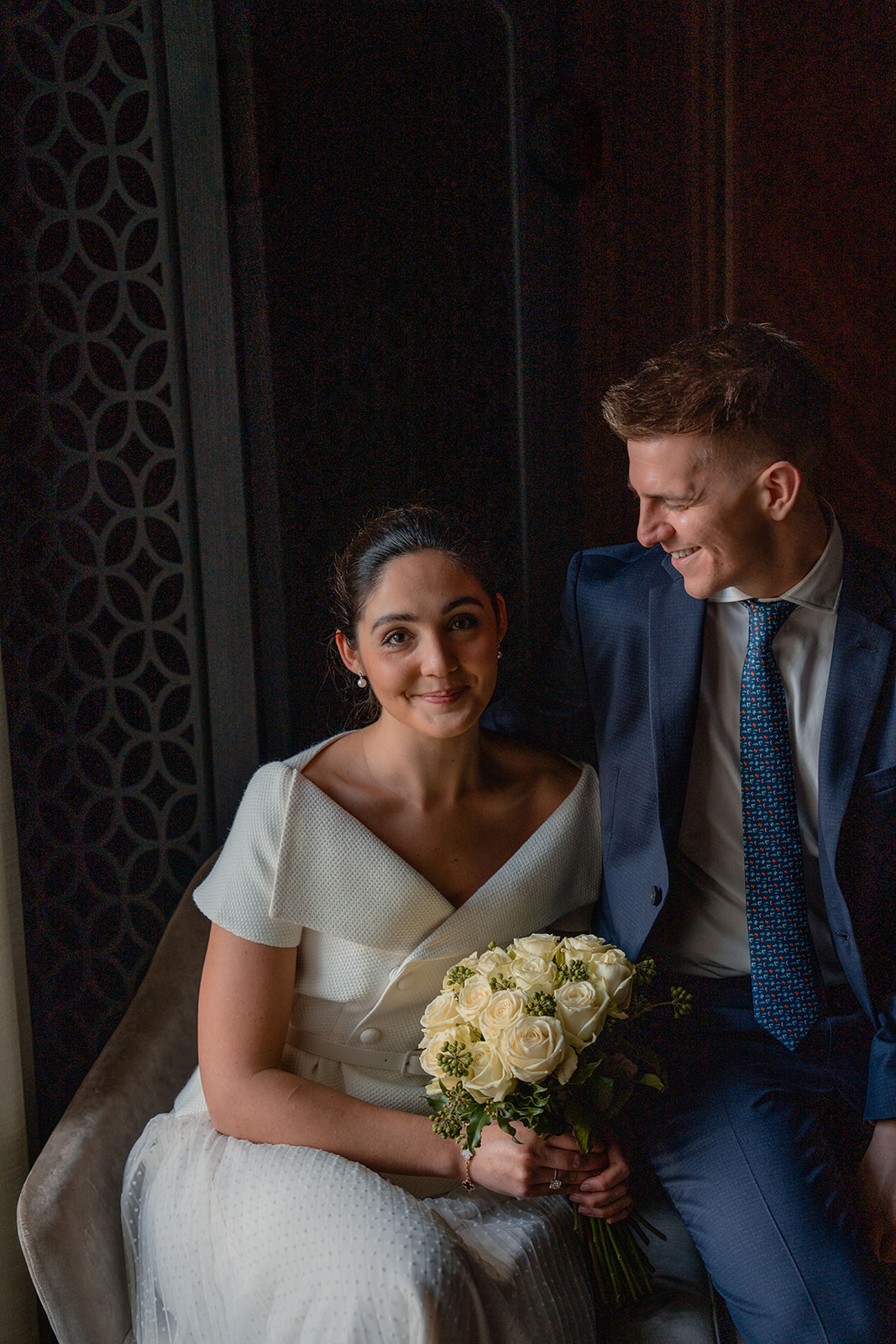 intimate portrait of wedding couple at Marylebone old town hall