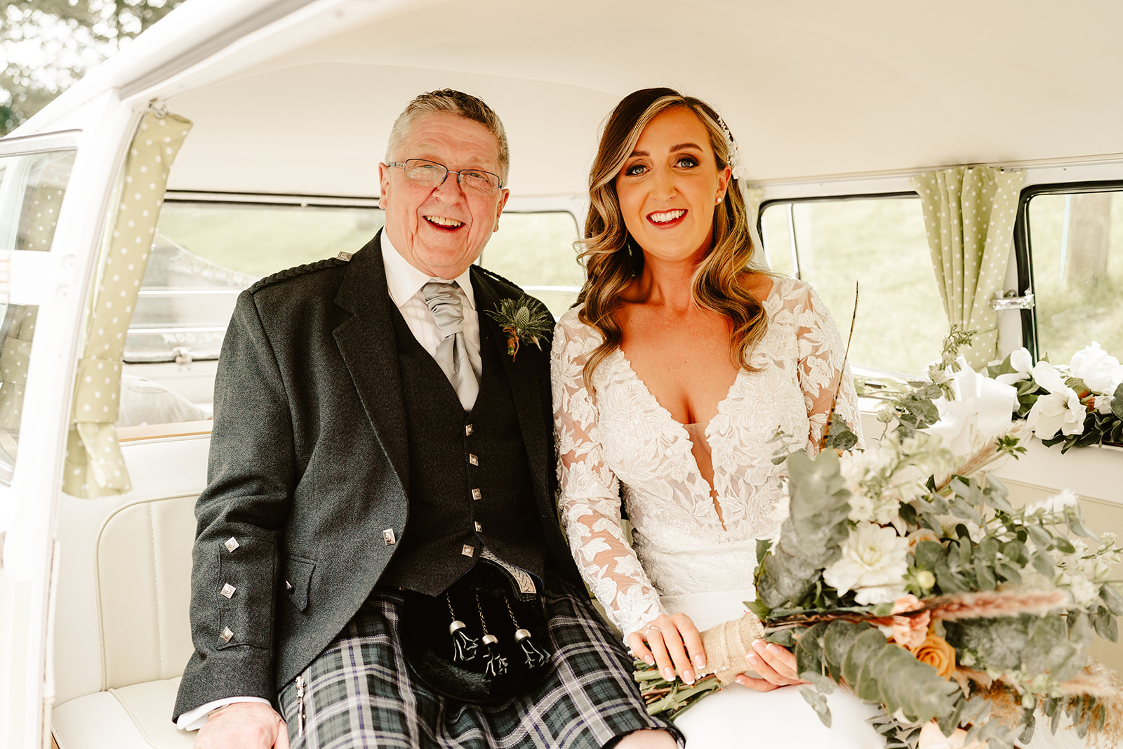 bride and father sit in a Deeside camper van on the morning of an Aswanley wedding